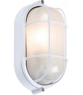 White Oval Bulkhead with Wire Guard and Glass Diffuser, 230V IP54 60W