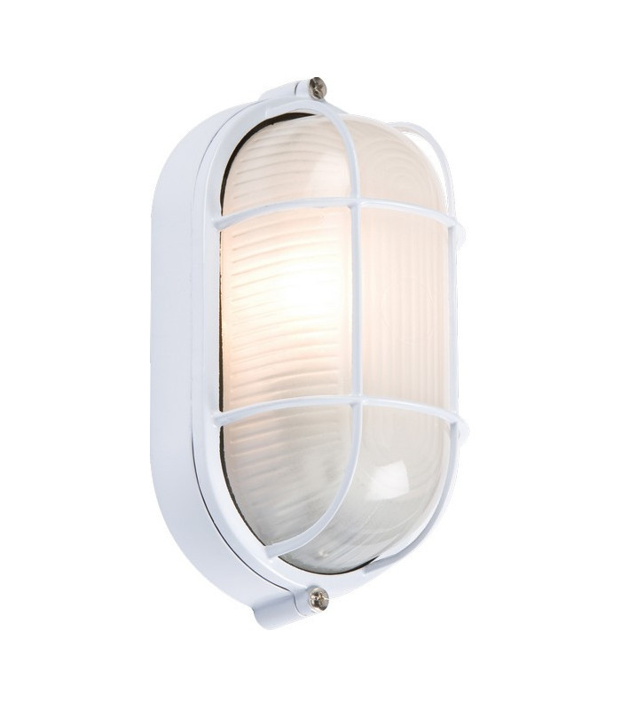 White Oval Bulkhead with Wire Guard and Glass Diffuser, 230V IP54 60W