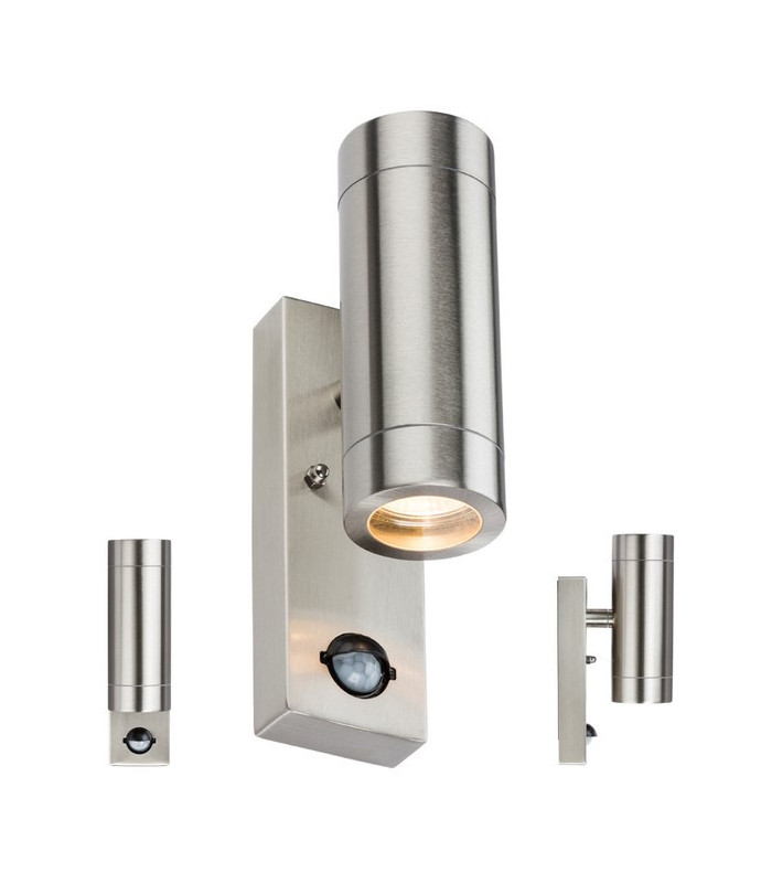 Stainless Steel Up/Down Wall Light with Pir, 230V IP44 2 X GU10