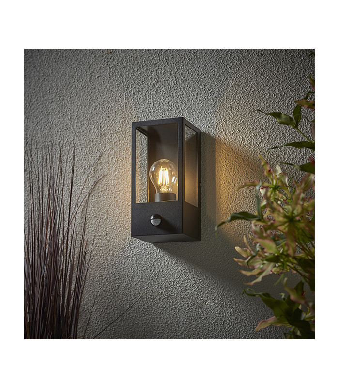 Outdoor Box Lantern Matt Black with PIR Motion Sensor, IP44