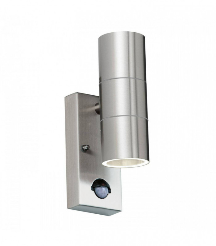 PIR 2 Light Outdoor Up Down Wall Light Clear Glass, Polished Stainless Steel IP44, GU10