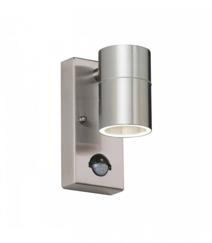 PIR 1 Light Outdoor Wall Light Clear Glass, Polished Stainless Steel IP44, GU10
