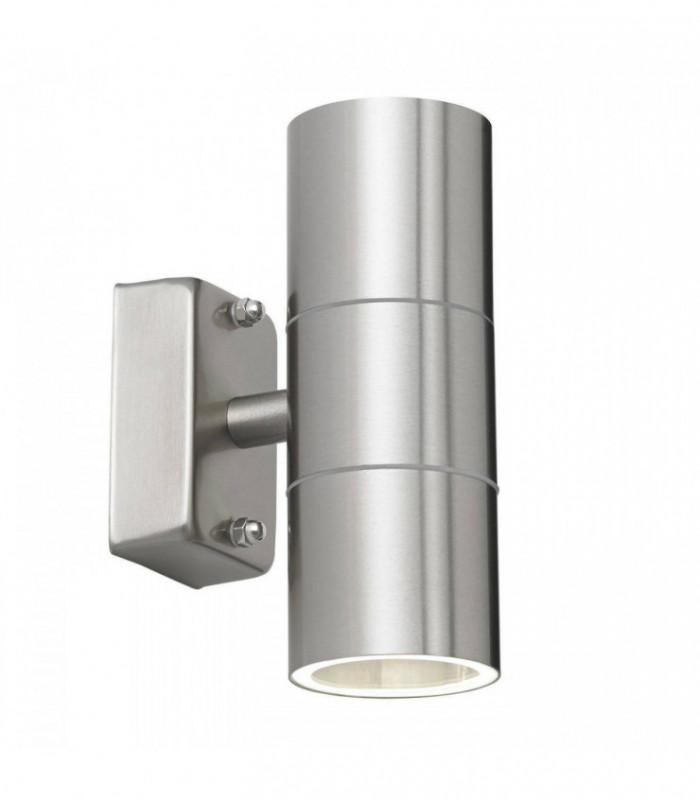 2 Light Outdoor Up Down Wall Light Clear Glass, Polished Stainless Steel IP44, GU10