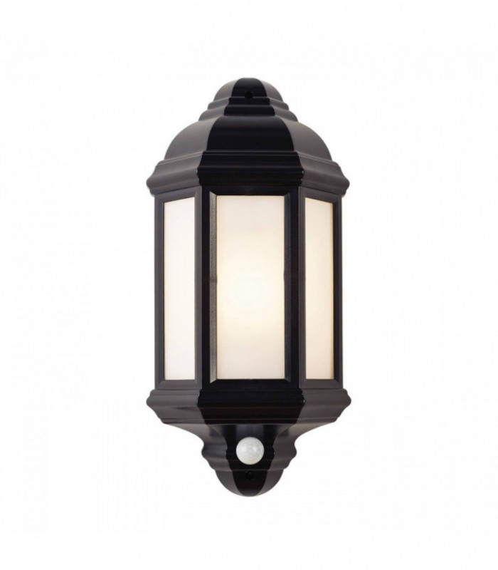 PIR 1 Light Outdoor Wall Lantern Frosted Polycarbonate, Matt Black Textured IP44, E27