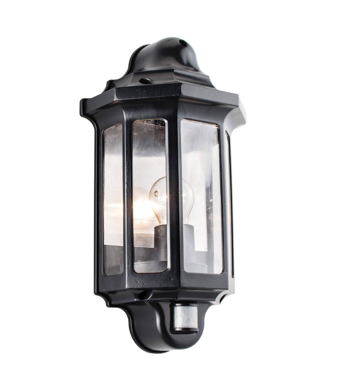 PIR Outdoor Wall Lantern Satin Black Paint, Clear Polycarbonate IP44, E27