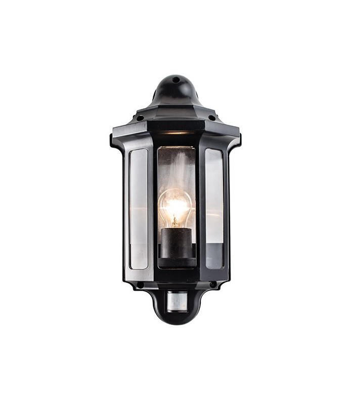 PIR Outdoor Wall Lantern Satin Black Paint, Clear Polycarbonate IP44, E27