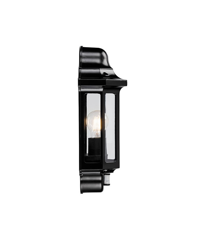 PIR Outdoor Wall Lantern Satin Black Paint, Clear Polycarbonate IP44, E27