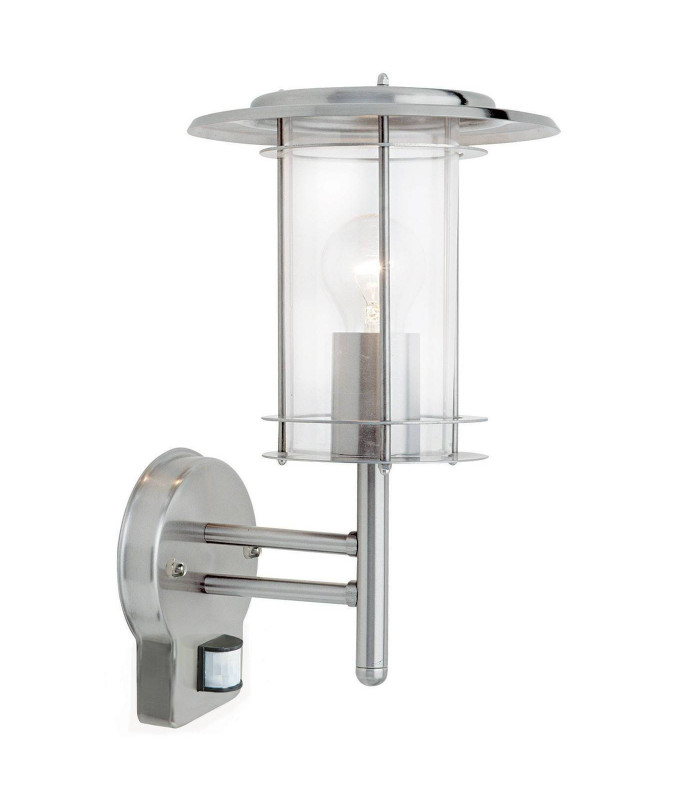 PIR 1 Light Outdoor Wall Lantern Polished Stainless Steel, Clear Polycarbonate IP44, E27