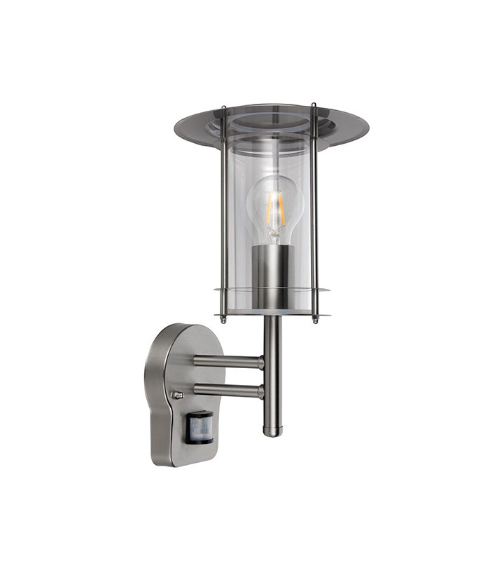 PIR 1 Light Outdoor Wall Lantern Polished Stainless Steel, Clear Polycarbonate IP44, E27