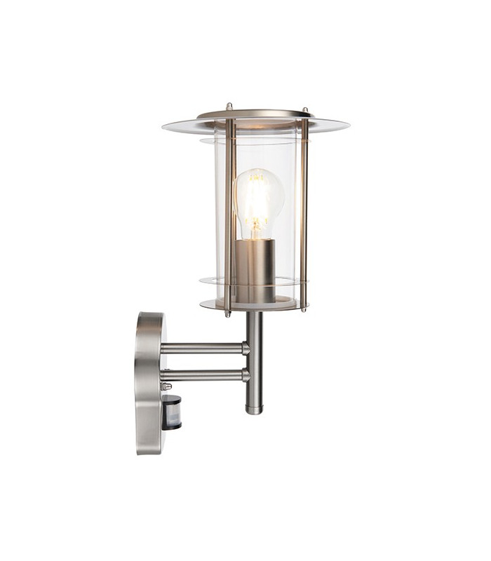 PIR 1 Light Outdoor Wall Lantern Polished Stainless Steel, Clear Polycarbonate IP44, E27