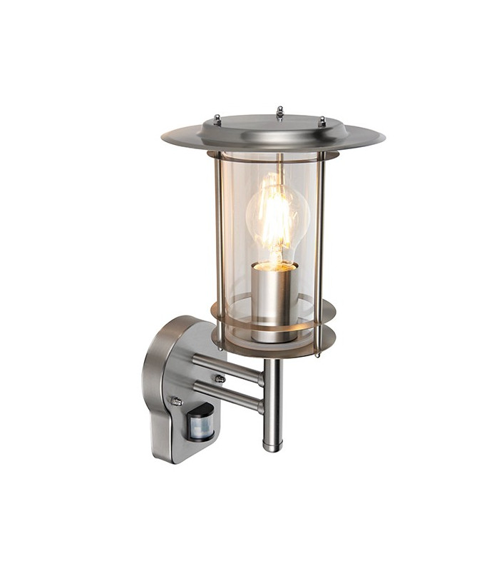PIR 1 Light Outdoor Wall Lantern Polished Stainless Steel, Clear Polycarbonate IP44, E27