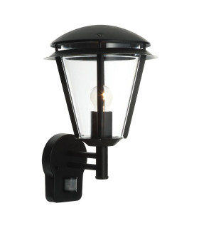 PIR 1 Light Outdoor Wall Lantern Matt Black, Clear Polycarbonate IP44, E27