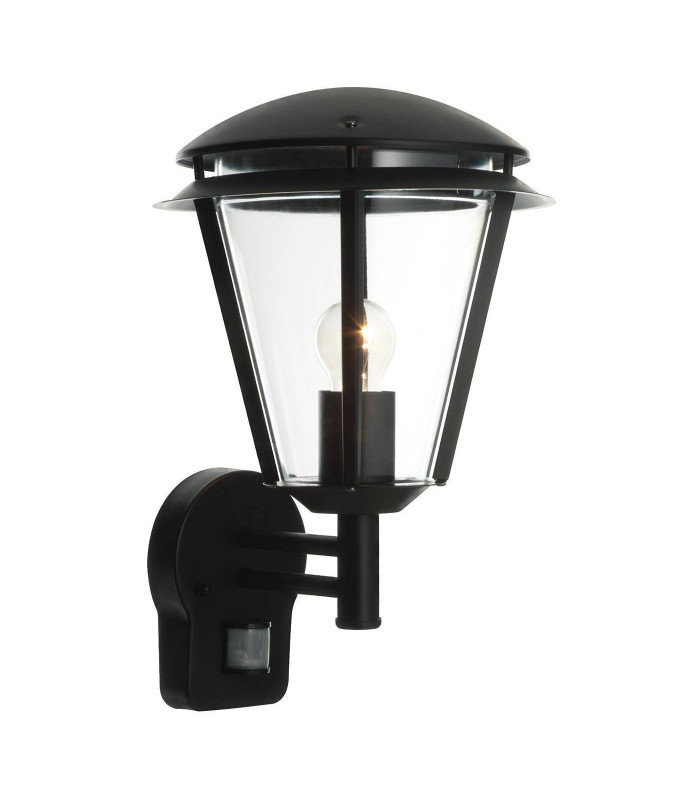 PIR 1 Light Outdoor Wall Lantern Matt Black, Clear Polycarbonate IP44, E27