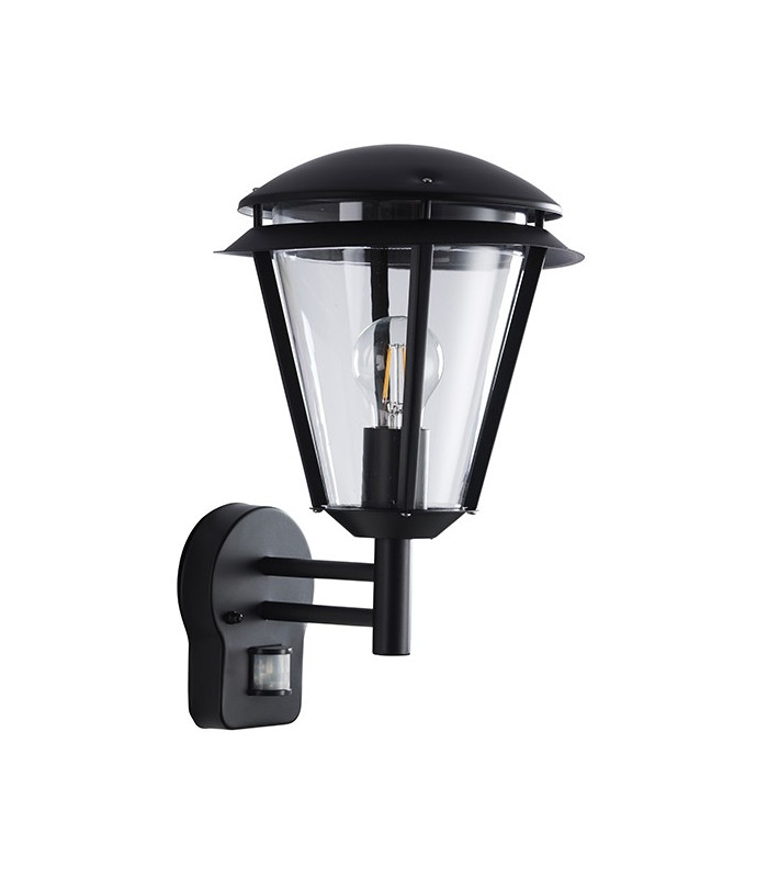 PIR 1 Light Outdoor Wall Lantern Matt Black, Clear Polycarbonate IP44, E27