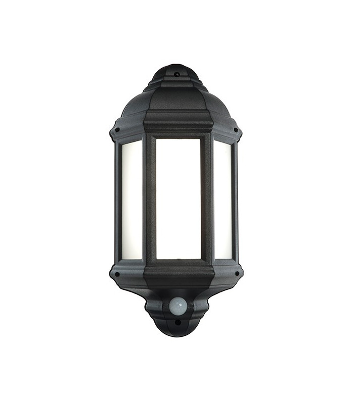 PIR 1 Light Outdoor Wall Light Frosted Polycarbonate, Matt Black Textured IP44, E27