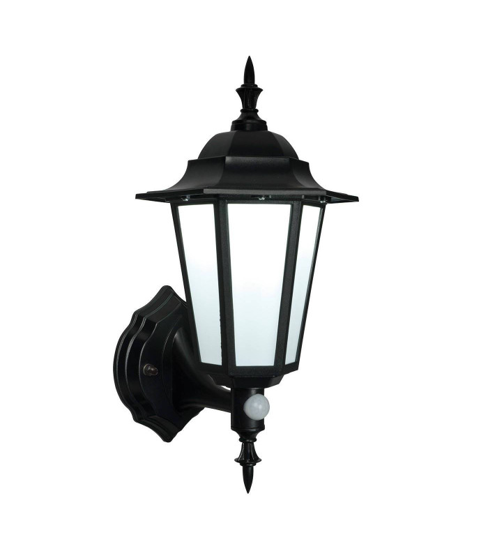 PIR 1 Light Outdoor Wall Lantern Frosted Polycarbonate, Matt Black Textured IP44, E27