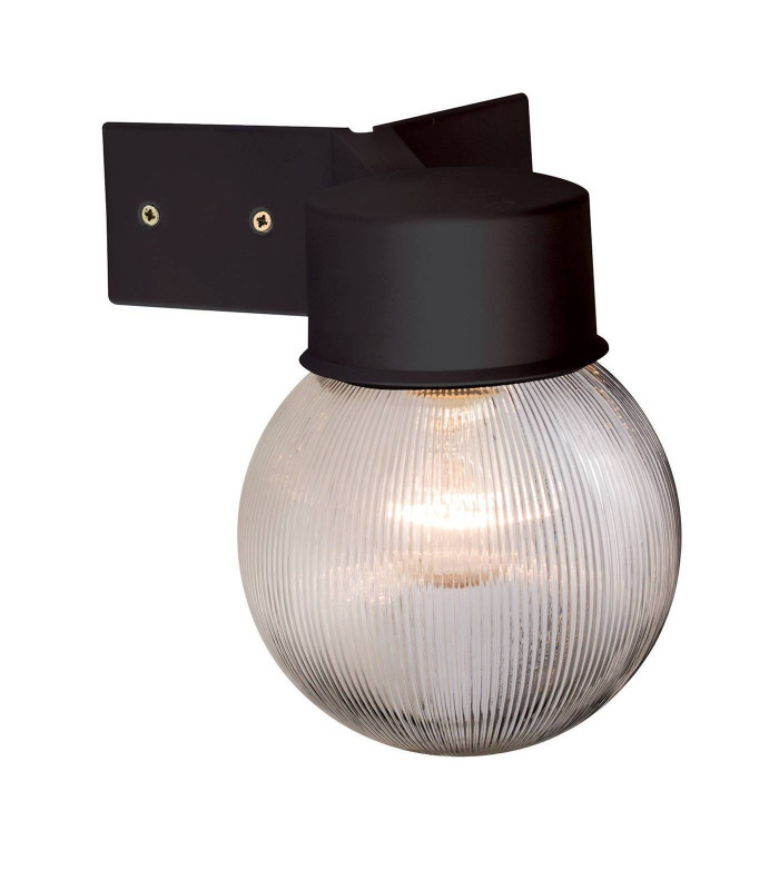 1 Light Outdoor Globe Wall Light Black, Ribbed Clear Polycarbonate IP44, E27