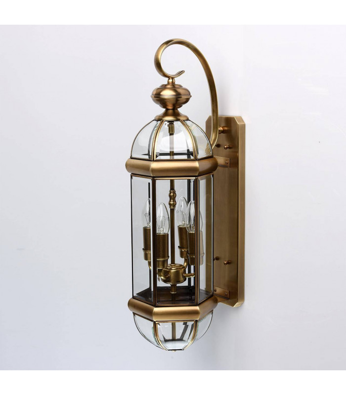 4 Light Outdoor Wall Lantern Brass, Clear IP44, E14