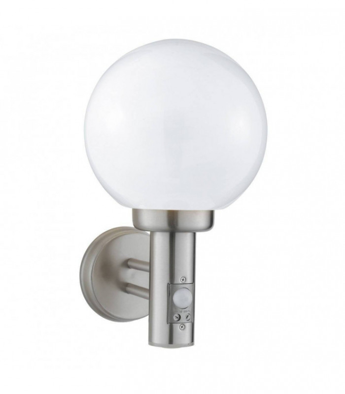 1 Light Outdoor Globe Wall Light Satin Silver with Motion Sensor IP44, E27