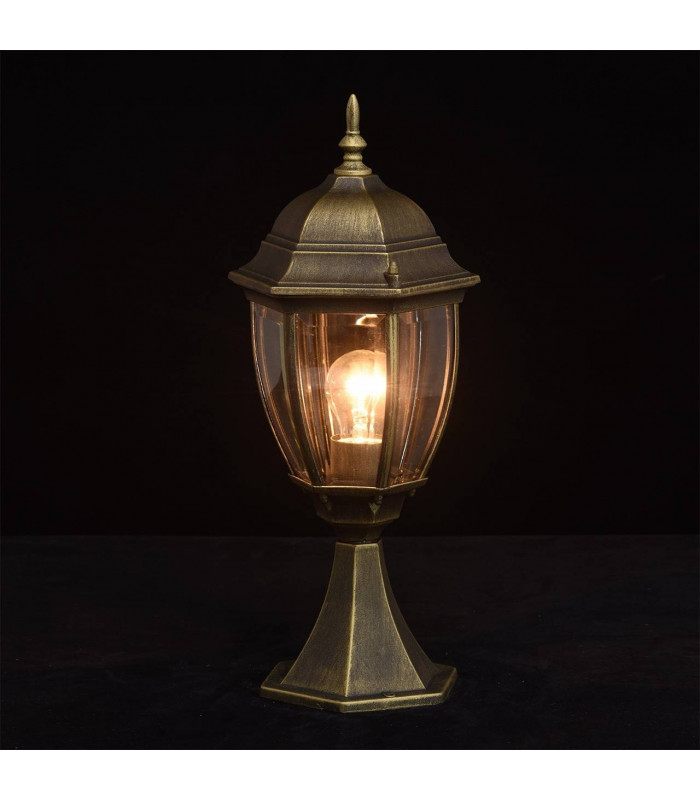 1 Light Outdoor Pedestal Lantern Black, Gold with Clear Glass IP44, E27