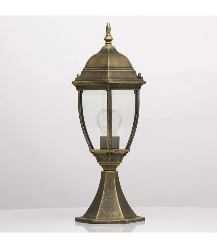 1 Light Outdoor Pedestal Lantern Black, Gold with Clear Glass IP44, E27