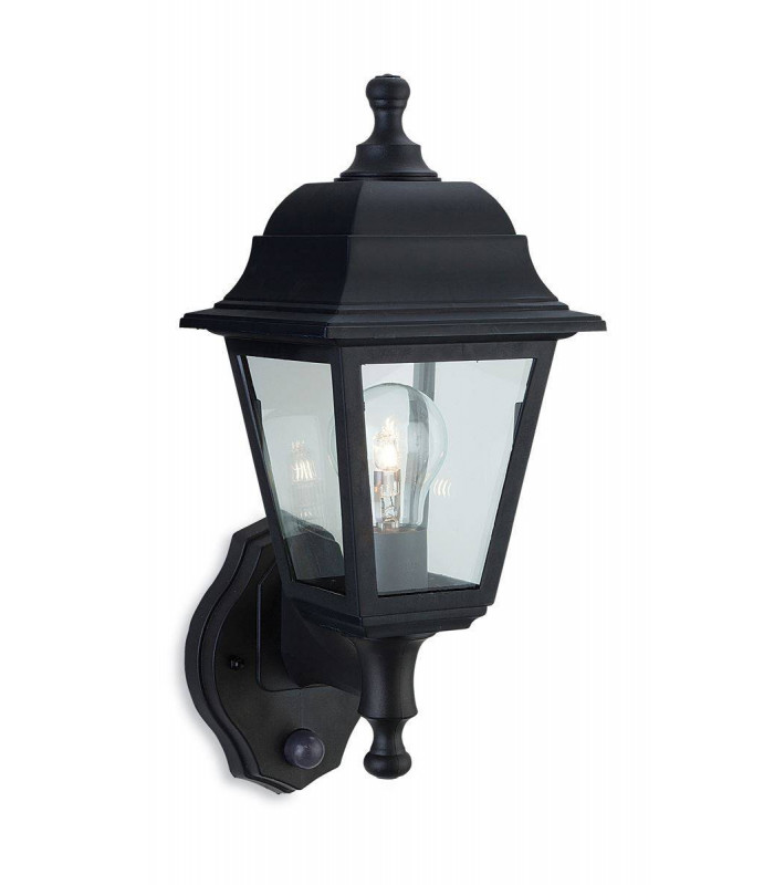1 Light Outdoor Wall Lantern - Uplight With Pir Black Resin IP44, E27