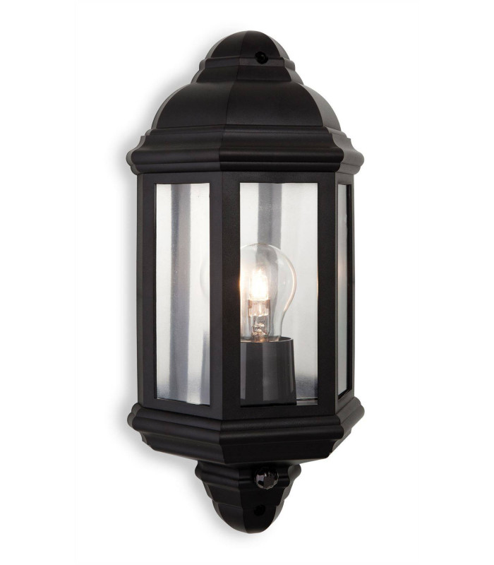 1 Light Outdoor Wall Lantern With Pir Black Polycarbonate IP44, E27