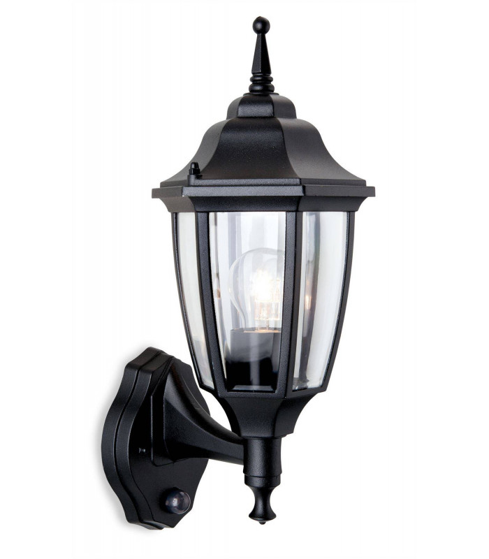 1 Light Outdoor Wall Lantern - Uplight With Pir Black IP44, E27