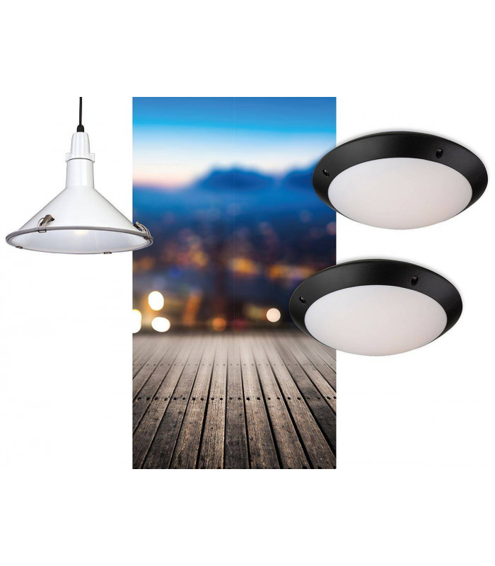Outdoor Motion Ceiling Flush Light Black Polycarbonate, White Diffuser IP66, E27
