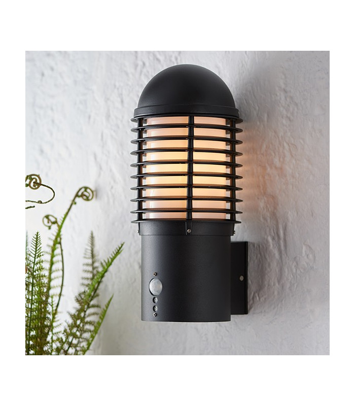 1 Light Outdoor PIR Wall Textured Black Paint, Opal Pc IP44, E27