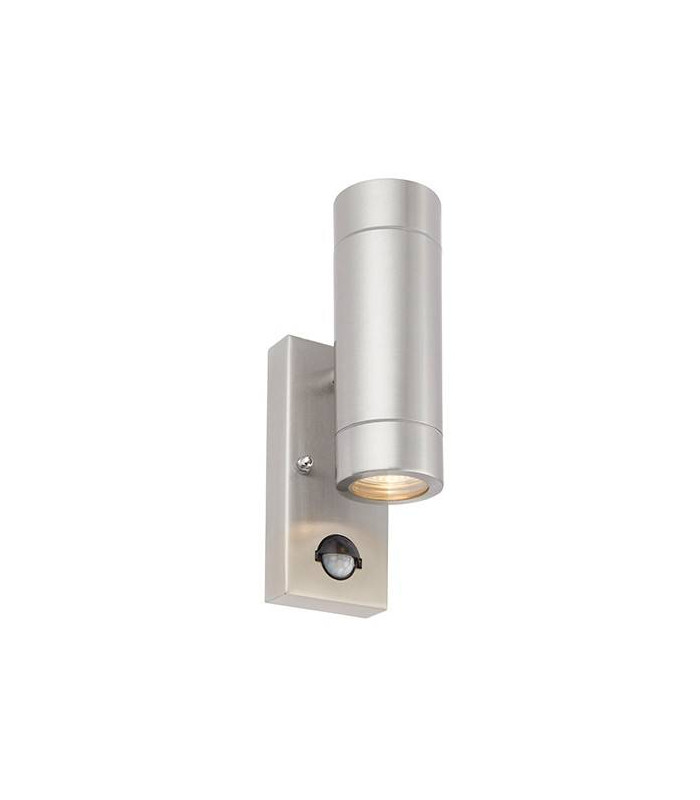 2 Light Outdoor PIR Up Down Wall Light Brushed Stainless Steel, Glass IP44, GU10
