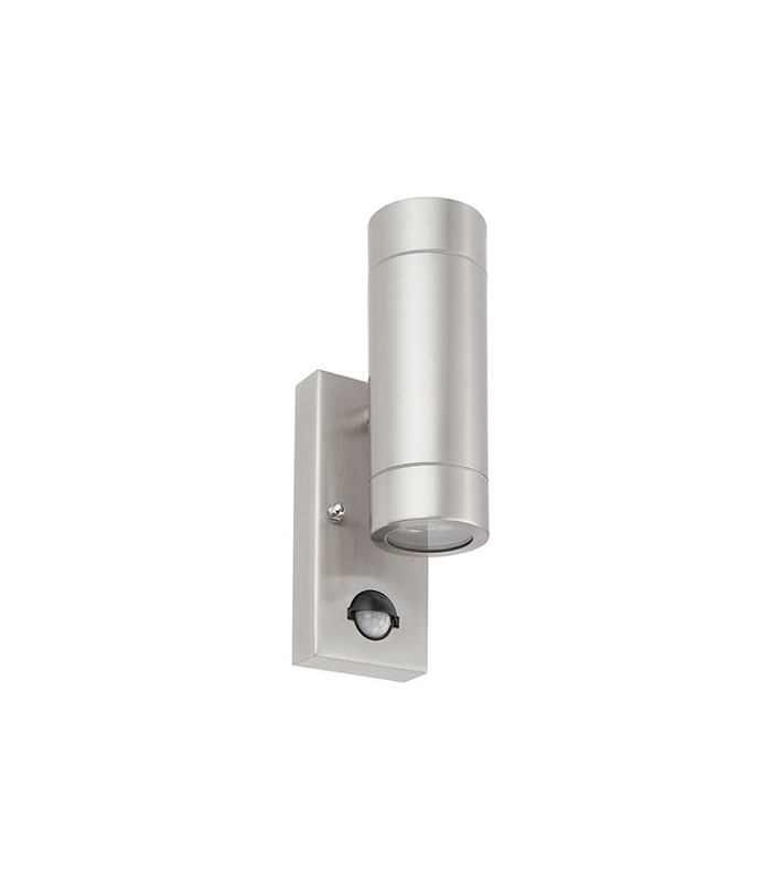 2 Light Outdoor PIR Up Down Wall Light Brushed Stainless Steel, Glass IP44, GU10