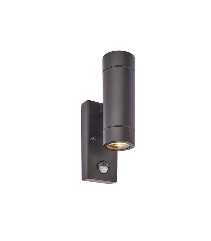 2 Light Outdoor PIR Up Down Wall Light Matt Black, Glass IP44, GU10