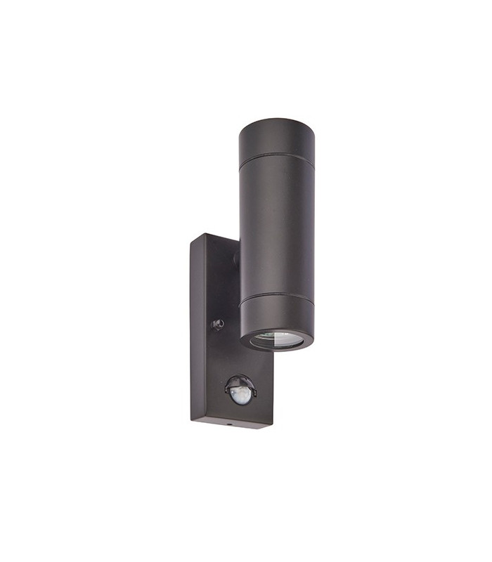 2 Light Outdoor PIR Up Down Wall Light Matt Black, Glass IP44, GU10