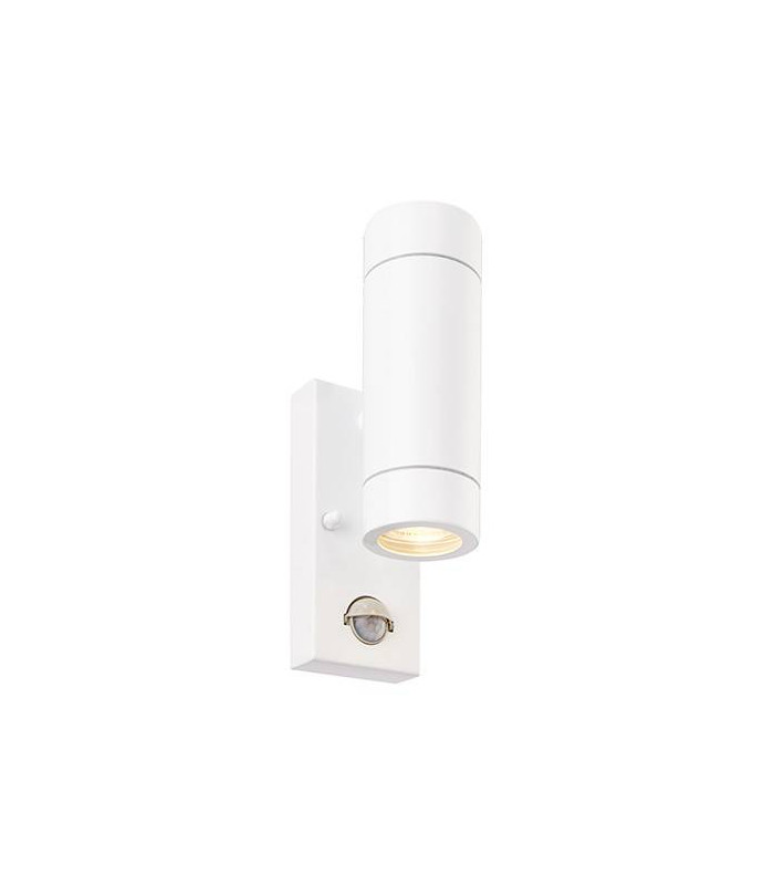 2 Light Outdoor PIR Up Down Wall Light Gloss White, Glass IP44, GU10