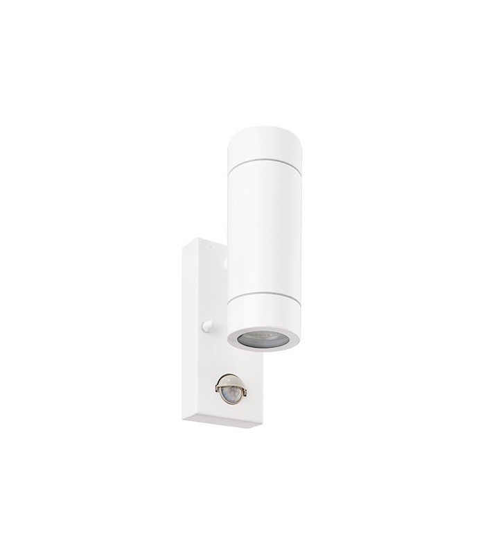 2 Light Outdoor PIR Up Down Wall Light Gloss White, Glass IP44, GU10