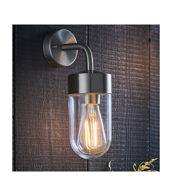 1 Light Outdoor Wall Light Brushed Stainless Steel & Clear Glass IP44, E27
