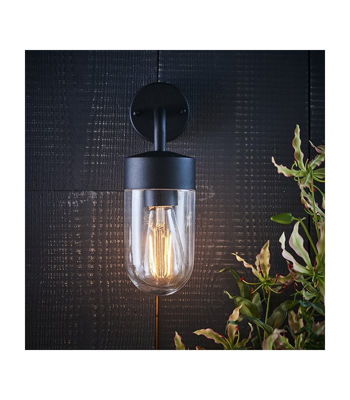 1 Light Outdoor Wall Light Textured Matt Black & Clear Glass IP44, E27